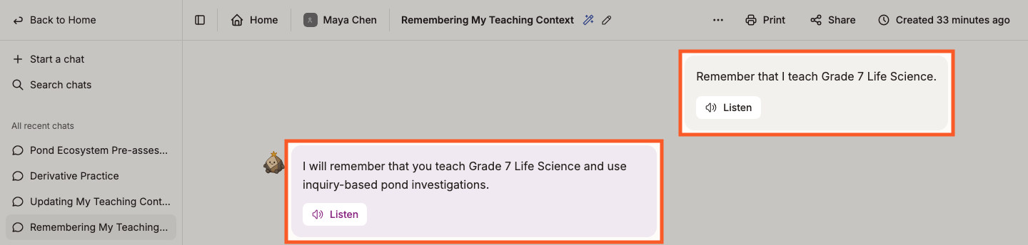 Asking Sparky to remember a Grade 7 Life Science teaching context, with its confirmation