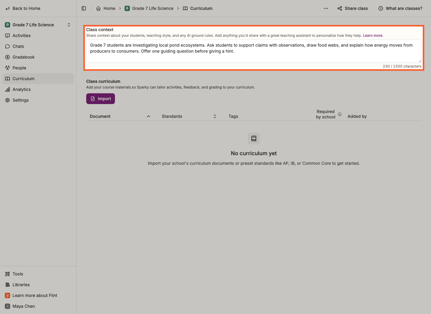 The Class context field highlighted at the top of the Curriculum page, with its character counter