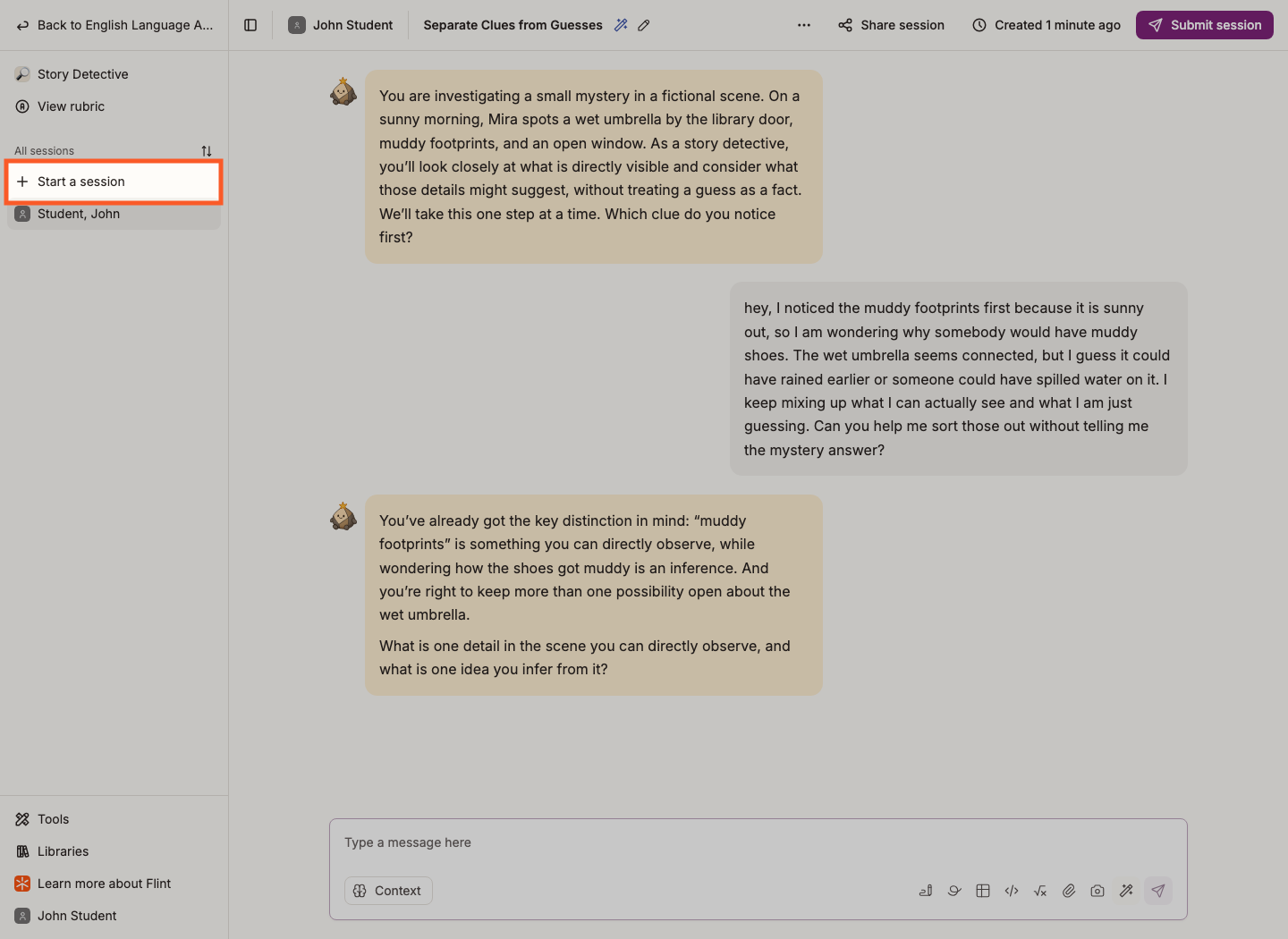 Start a session button highlighted in the All sessions sidebar to begin a new one