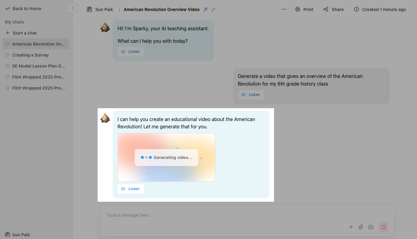 Sparky's chat reply showing a Generating video loading card while it renders