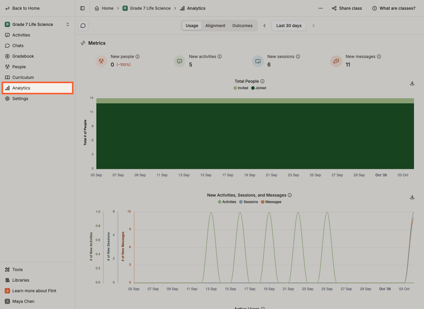 Analytics highlighted in a class sidebar beside the Usage charts