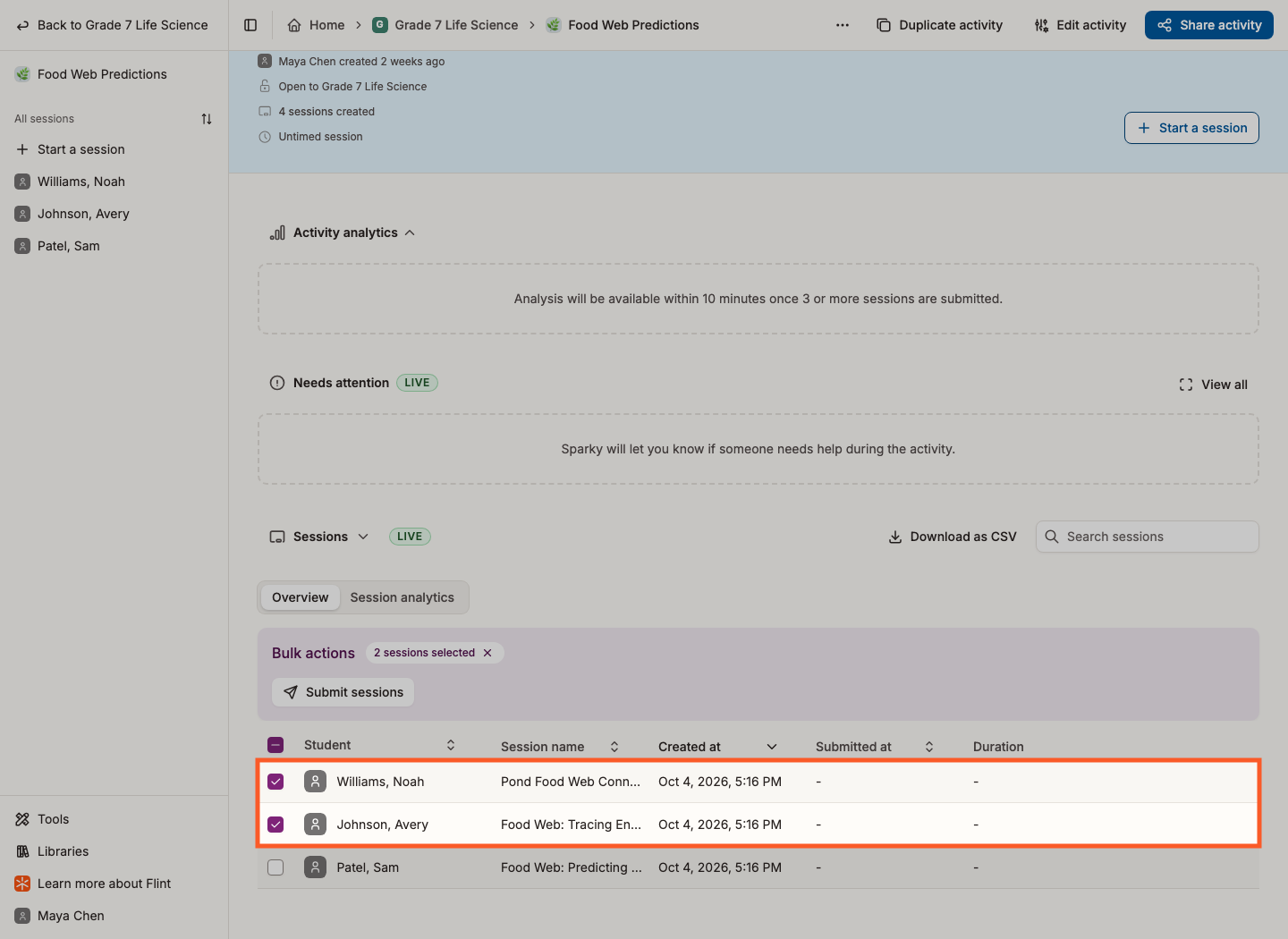 Two individual session checkboxes checked, showing 2 selected in Bulk actions