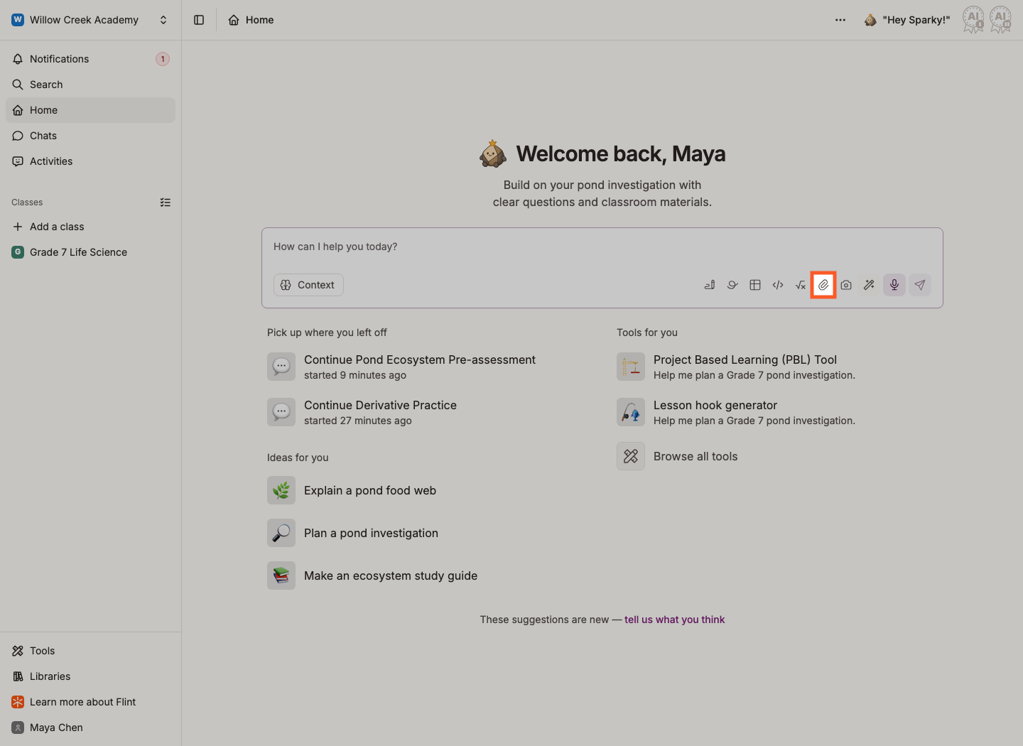 Paper clip icon highlighted in the message input box before opening the upload panel