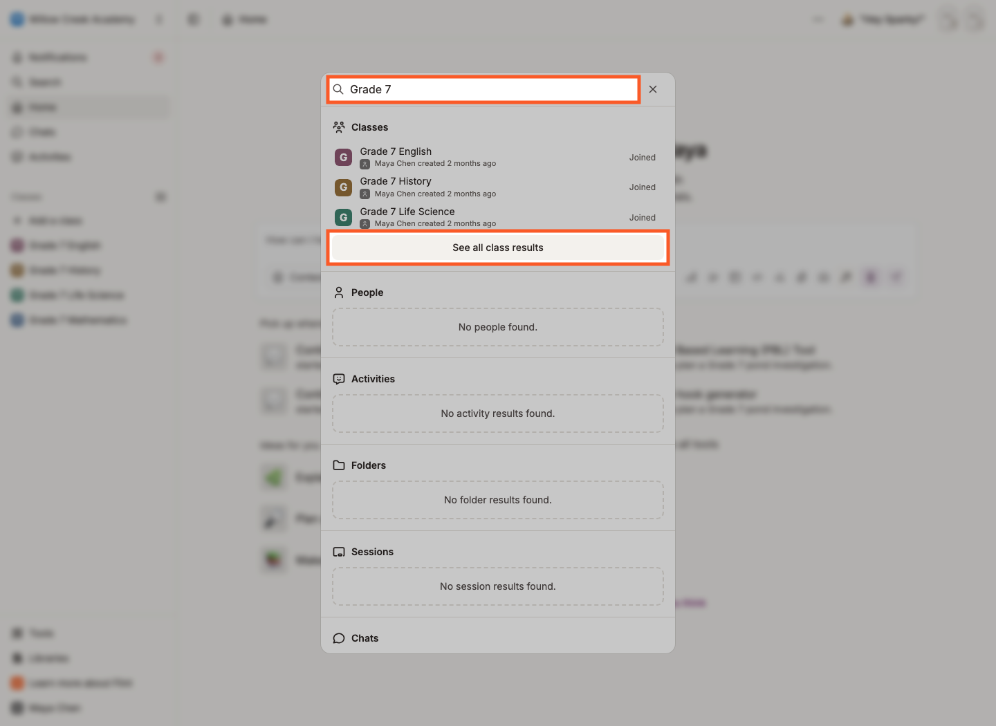 The Search panel with a See all class results link