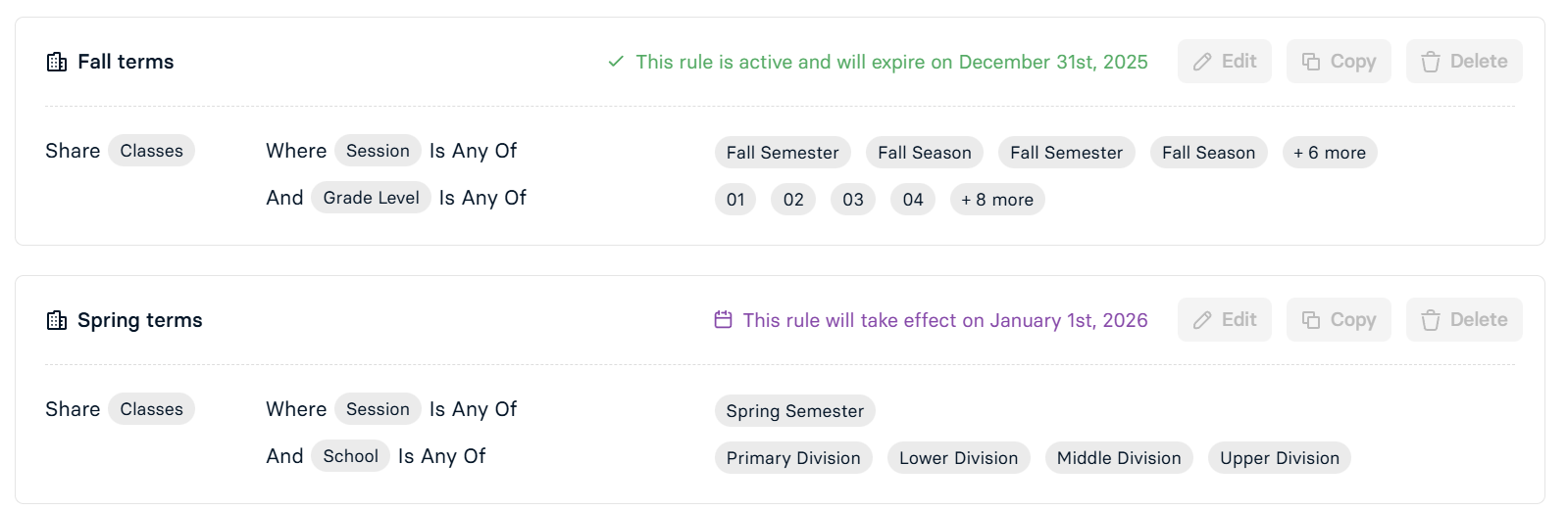 Fall terms and Spring terms sharing rules scoped to their session and grade level or school