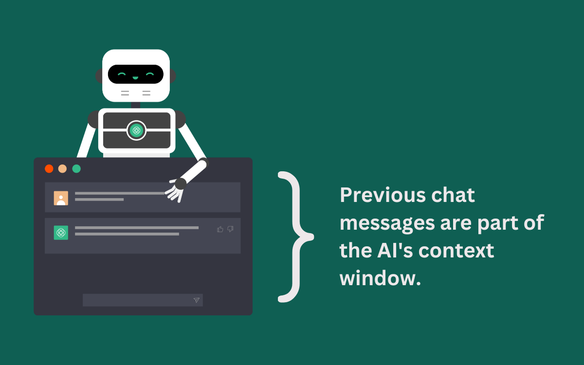 Chat window illustration with previous messages bracketed as part of the AI's context window