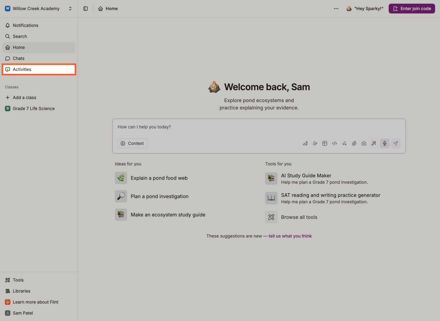 Activities highlighted in the student sidebar