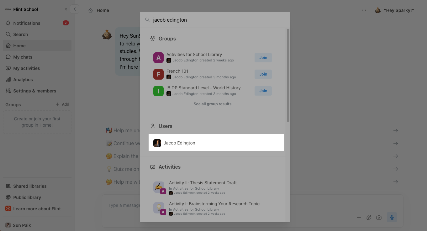 A student's name highlighted in the search results, ready to open their profile