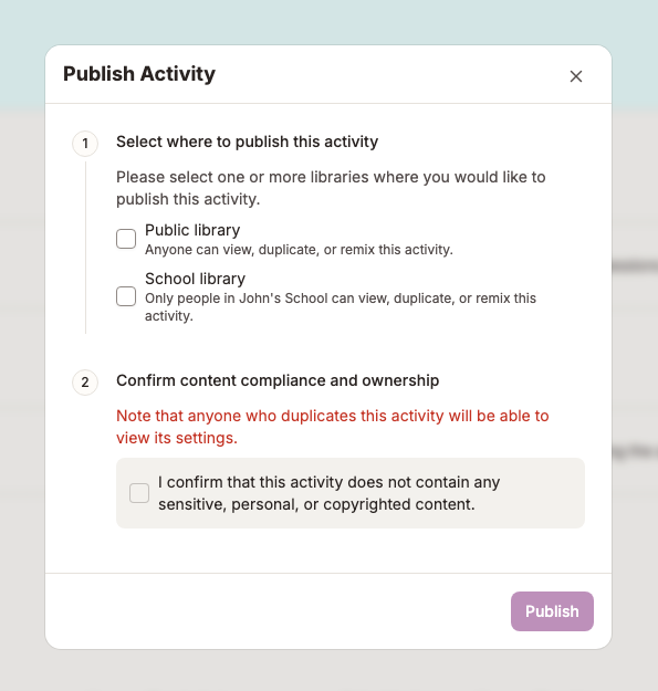 The initial Publish activity dialog with no libraries selected, compliance unchecked and Publish disabled