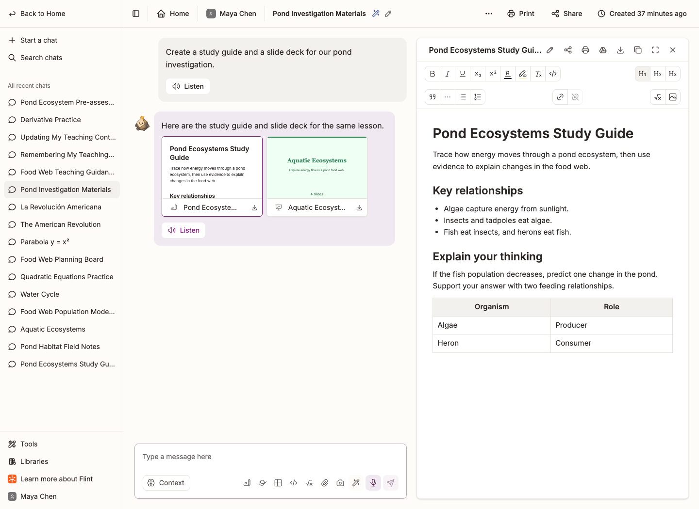 Multiple generated documents in a conversation, with one document open on the right