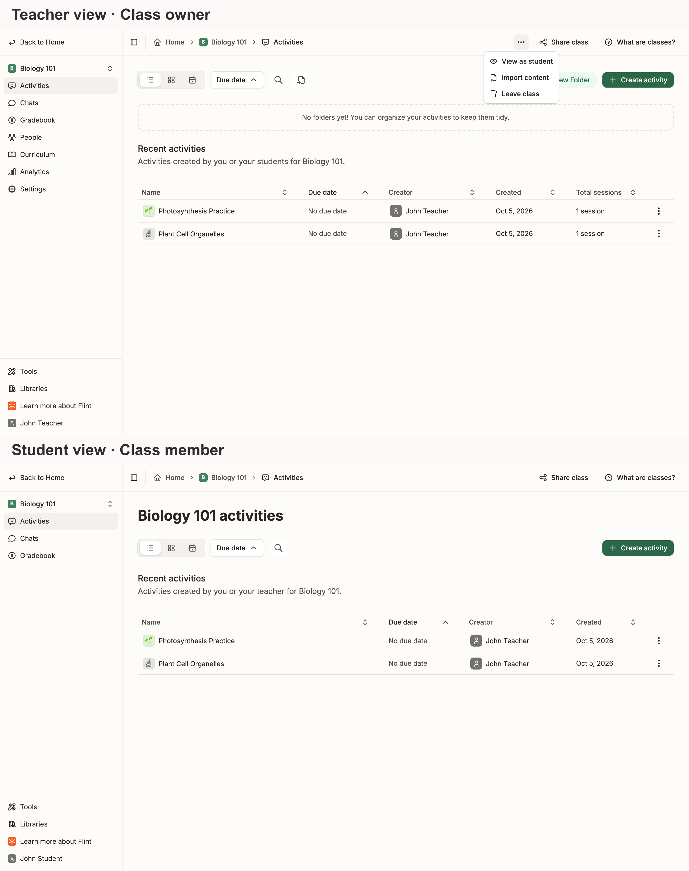Teacher and student class Activities pages, with the teacher action menu open to View as student and Import content