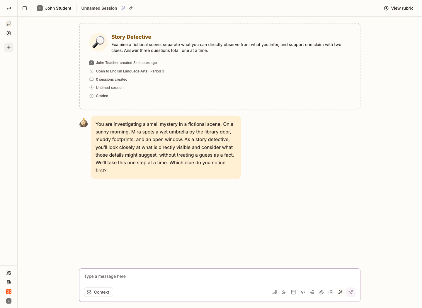 A new activity session showing the activity introduction and message box