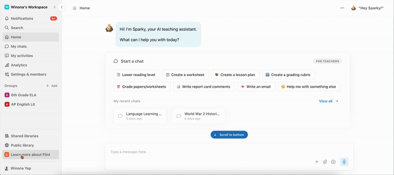 Opening Help from the sidebar menu and starting a question in the support chat
