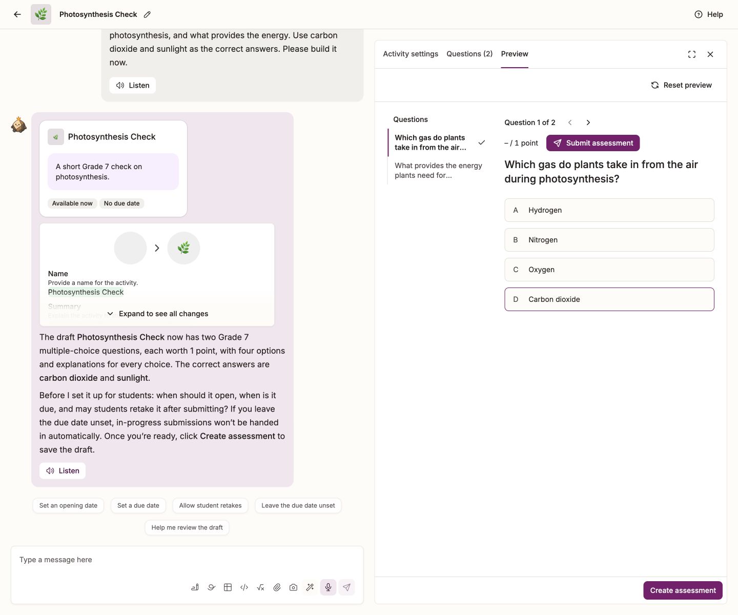 The assessment Preview tab with a selected answer and Reset preview