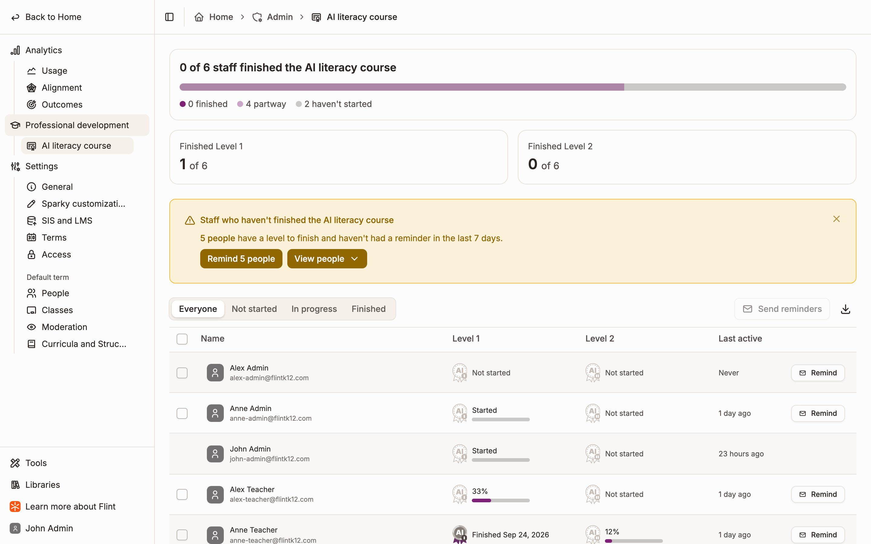 The AI literacy course page: a progress bar of finished, partway, and not-started staff, a tile for each level, a reminder banner, and a table of each person's progress