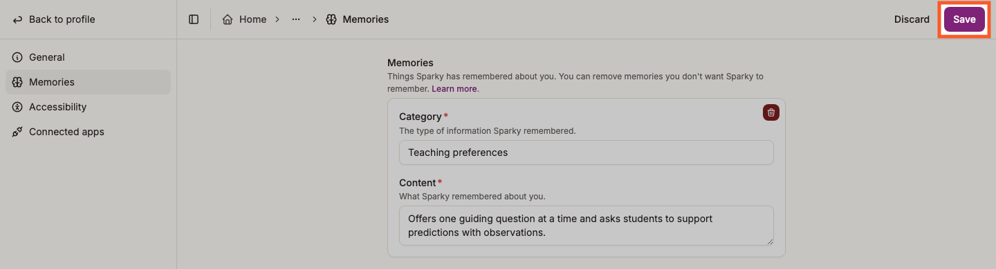 The Save button in the top right of the Memories tab