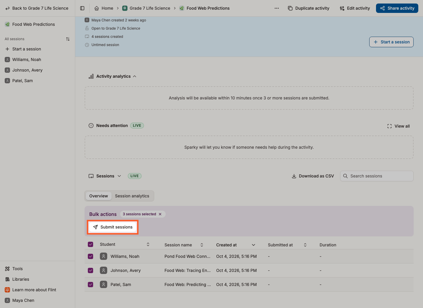 Submit sessions button highlighted in the Bulk actions panel