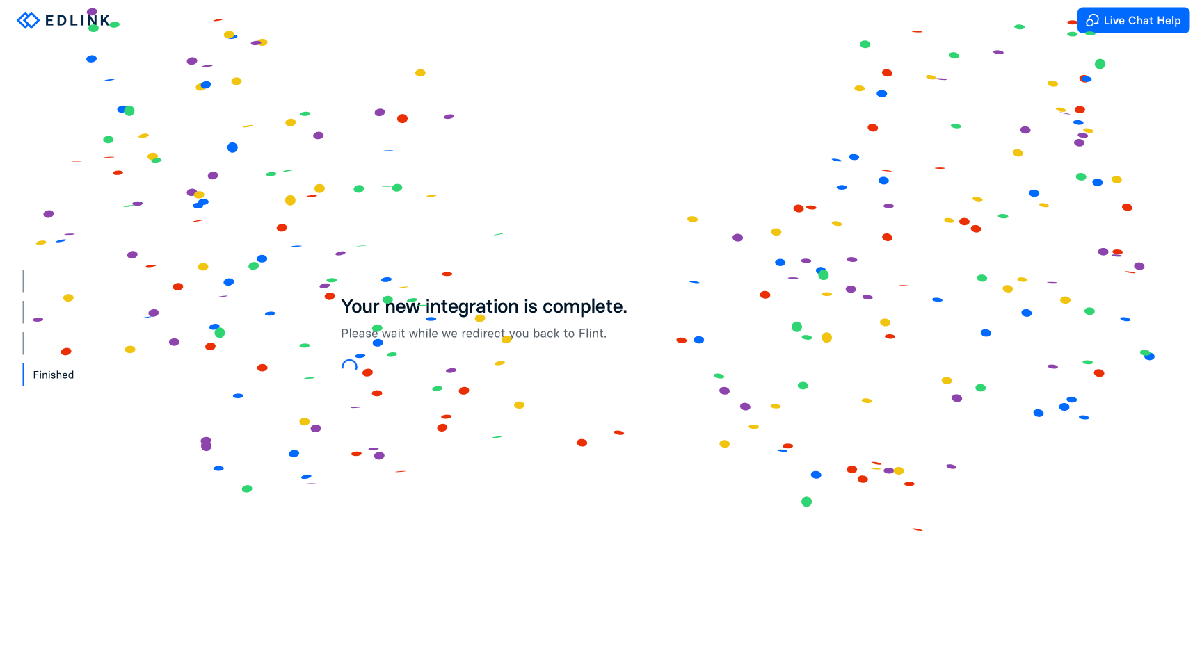 Edlink's confirmation screen with confetti and the message: Your new integration is complete. Please wait while we redirect you back to Flint.