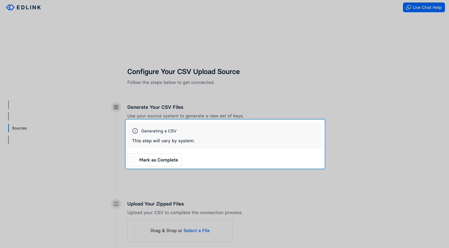 Edlink's Configure Your CSV Upload Source screen for generating and uploading CSV files