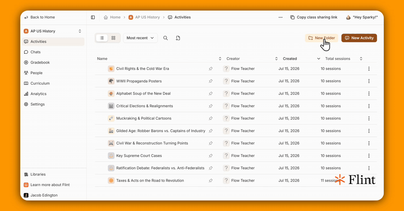 Clicking New Folder and naming it to create a folder in the activities list