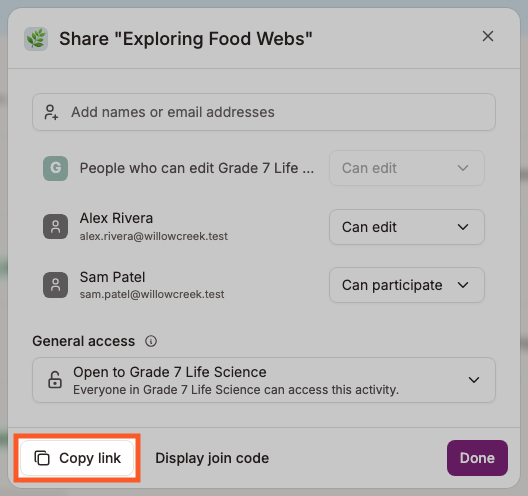 The Share activity dialog with General access and individual access roles