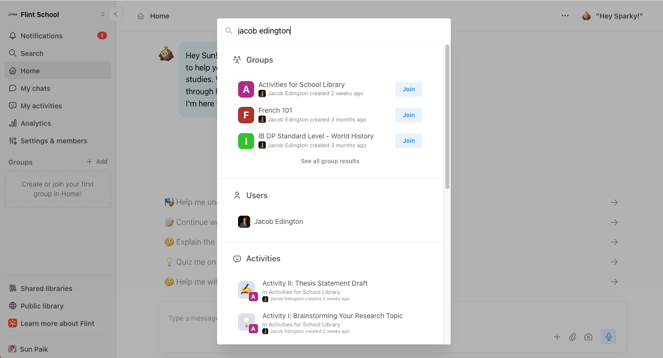 Search results for a student's name showing matching groups, users and activities