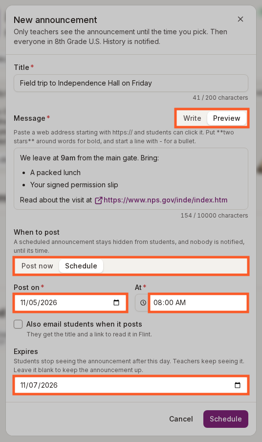 The New announcement form with the Write and Preview switch, Schedule chosen under When to post, and the Post on, At and Expires fields highlighted