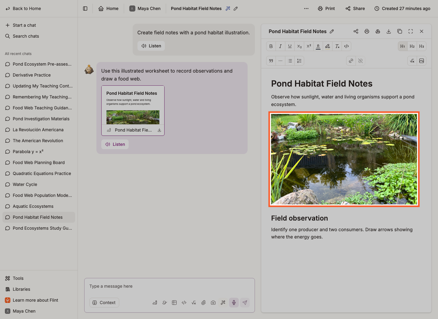 A pond photograph embedded in the Pond Habitat Field Notes document