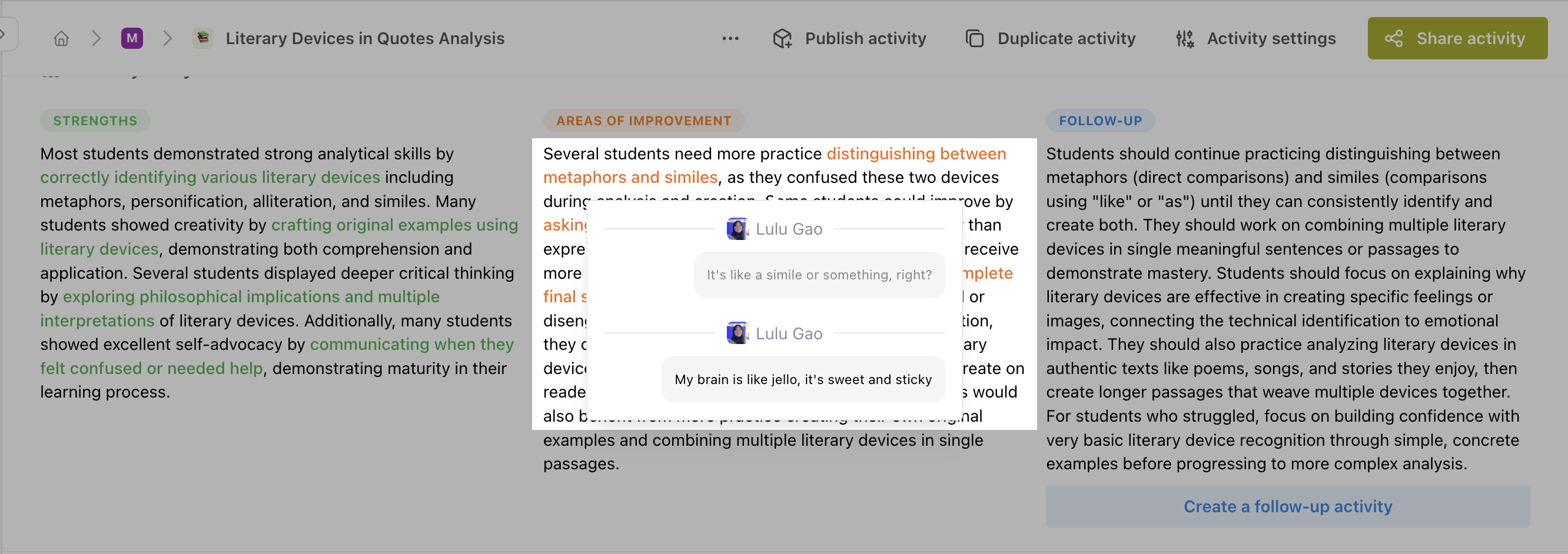 A popup showing a student's messages that support the highlighted areas-of-improvement phrase