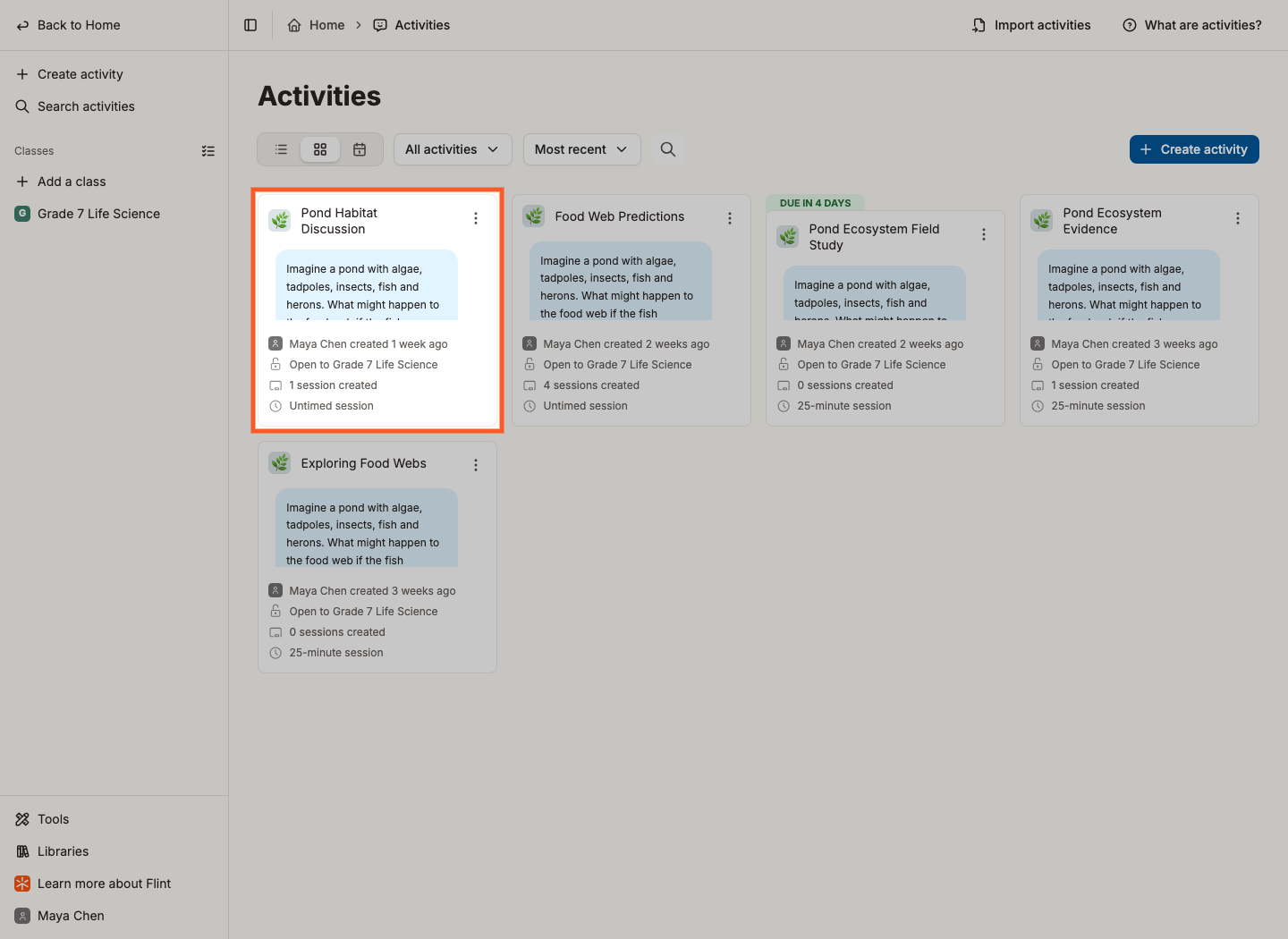 An activity card highlighted on the Activities page