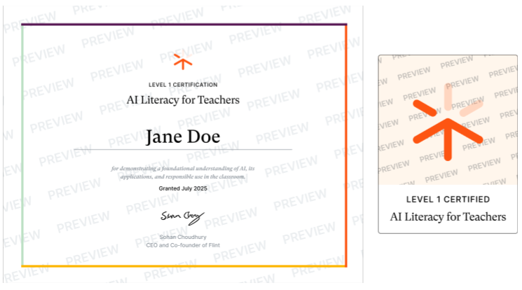 Preview of the earlier AI Literacy Level 1 certificate and badge