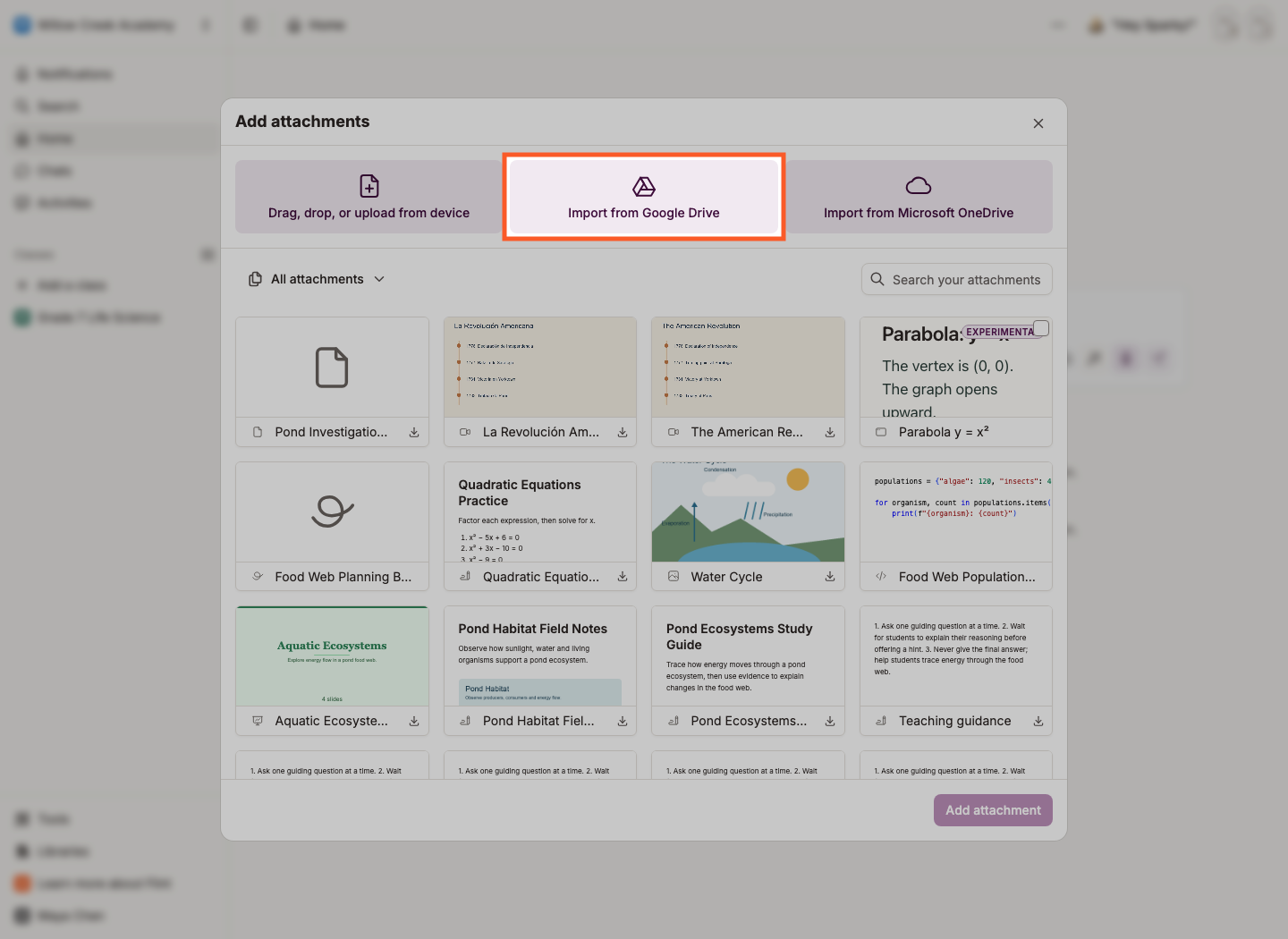 Import from Google Drive highlighted in the Add attachments dialog