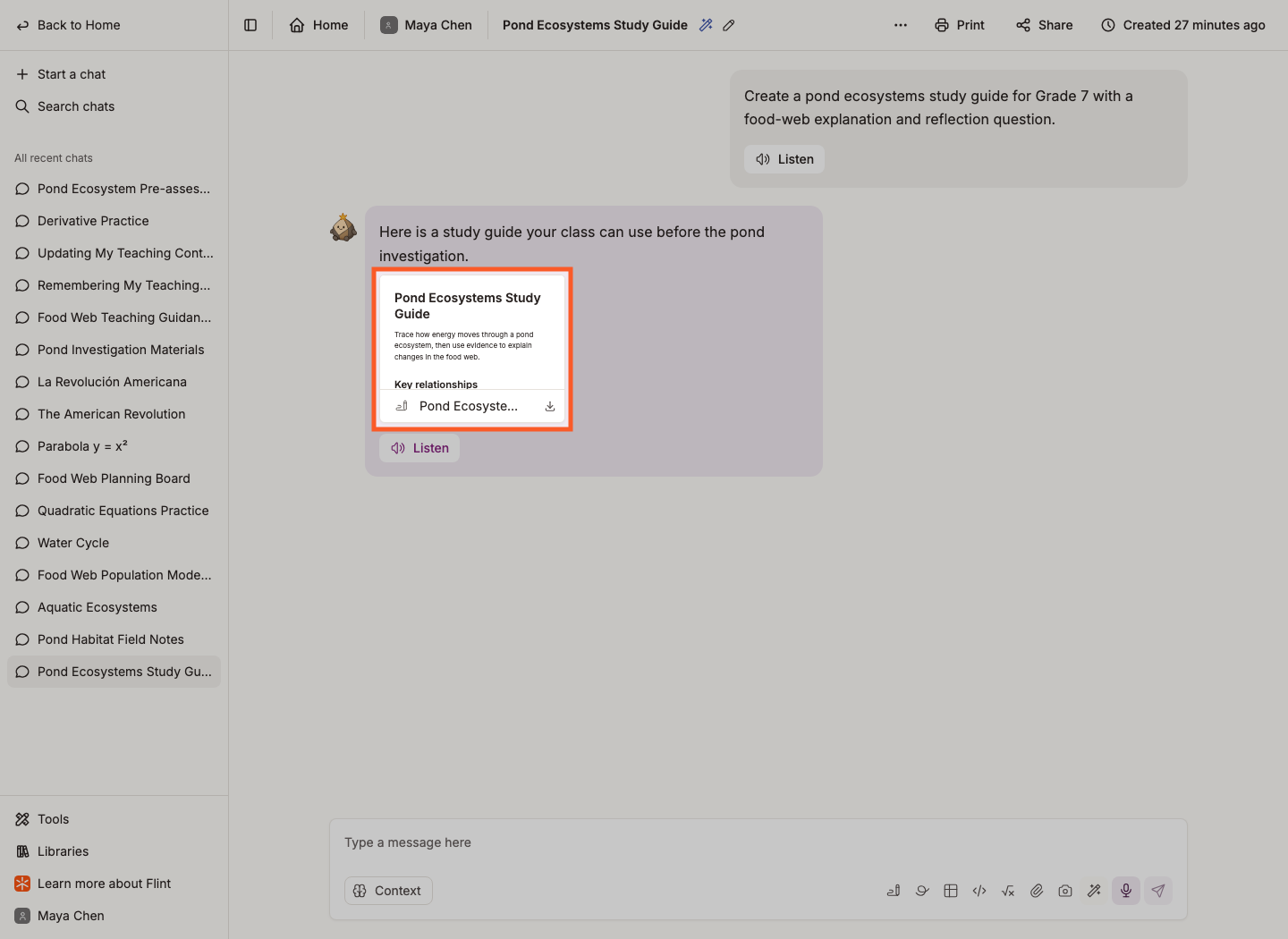 A document preview card in the chat, ready to click to open the editor
