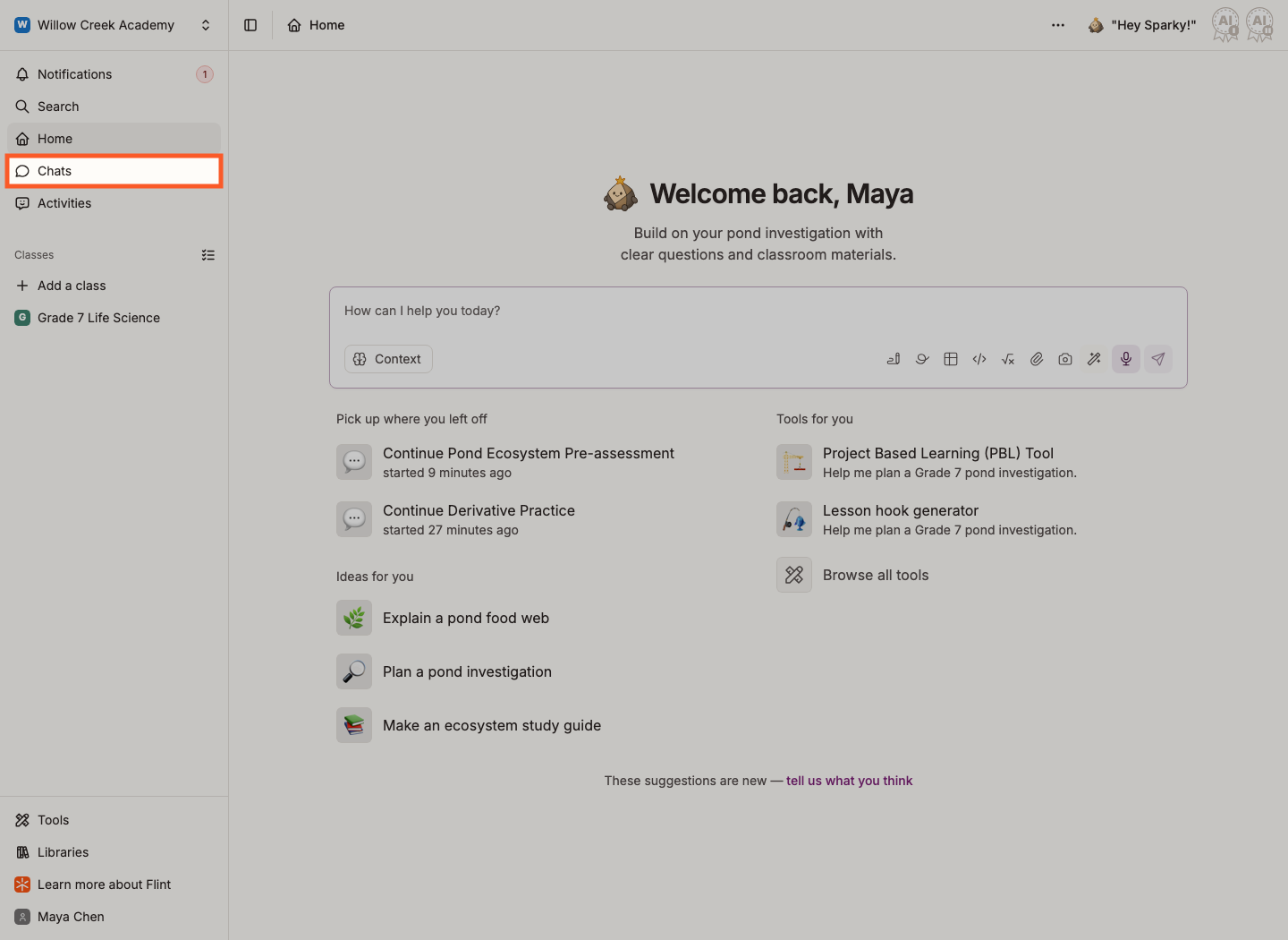 The Chats item highlighted in the home sidebar