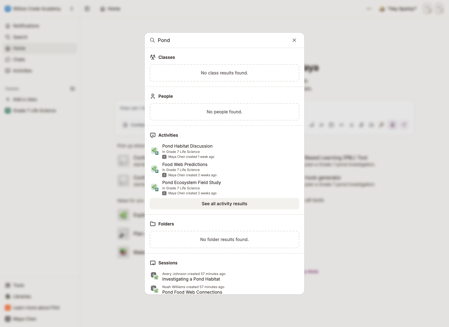 Search for Pond showing empty Classes and People sections, matching activities and sessions, and See all activity results