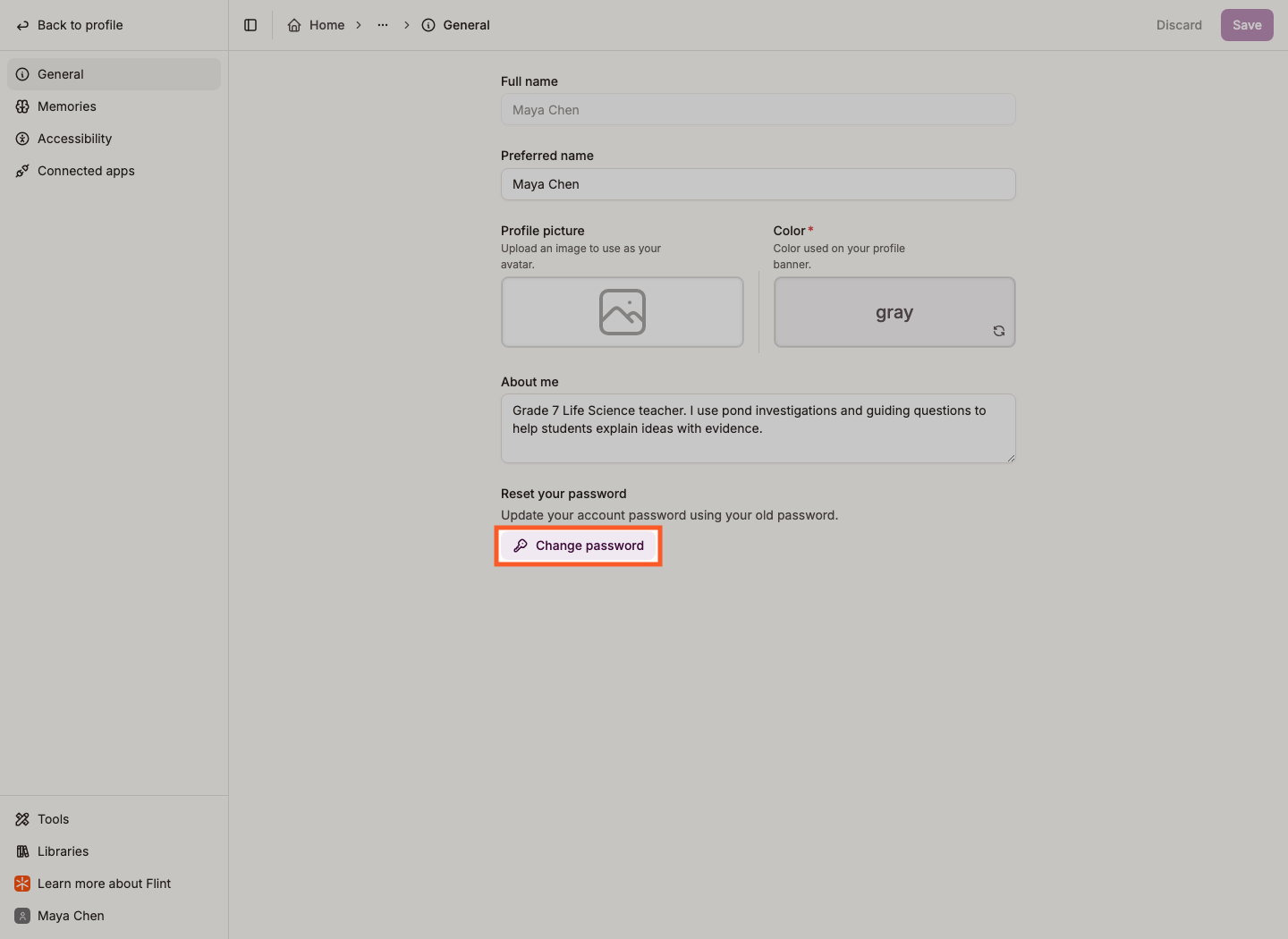 The "Reset your password" section with "Change password" highlighted