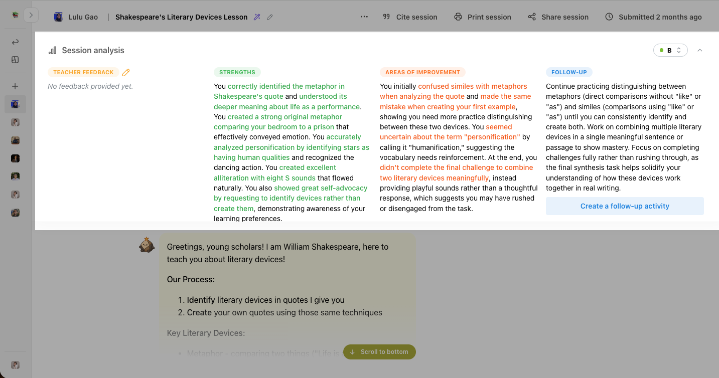 A student's Session analysis panel with Strengths, Areas of improvement, and Follow-up columns above the chat transcript