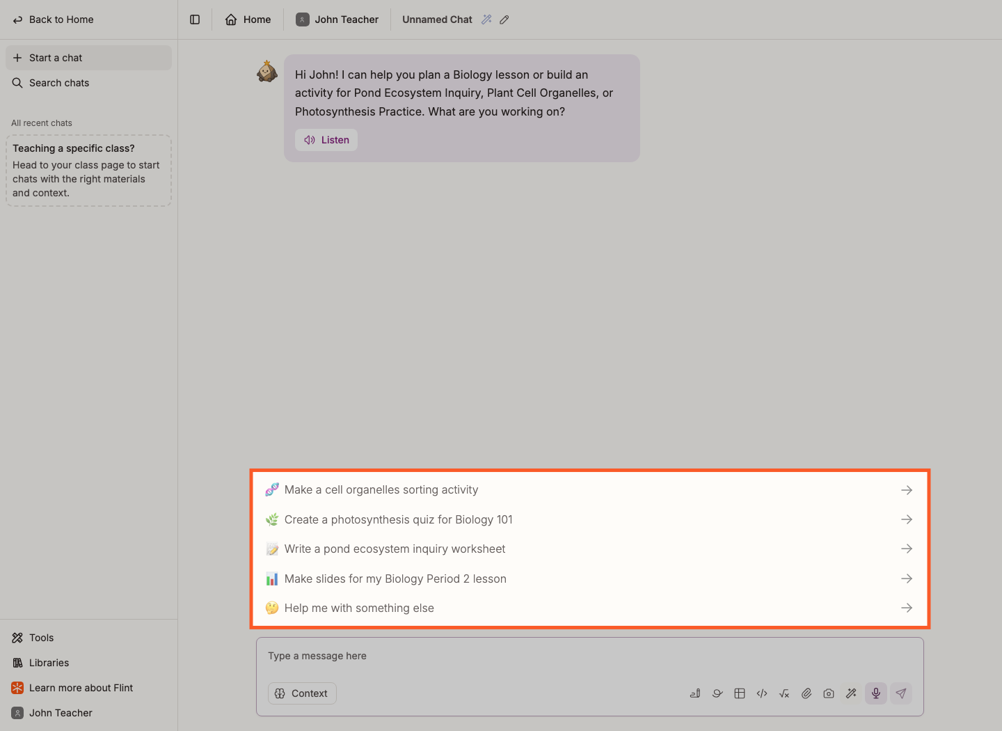 Suggested quick actions highlighted near the message box in a teacher chat