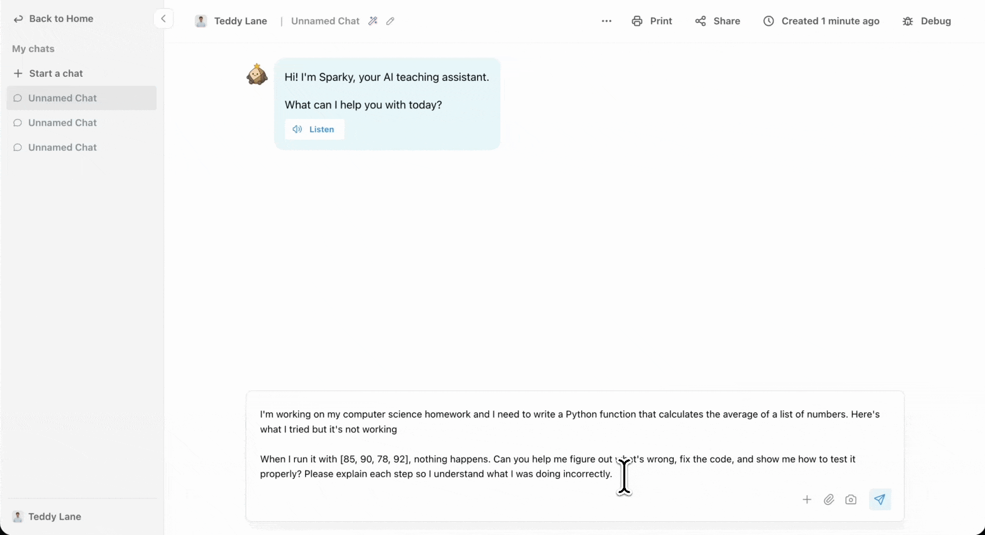Opening a Python code panel, running broken code and asking Sparky to explain the errors in an earlier chat interface