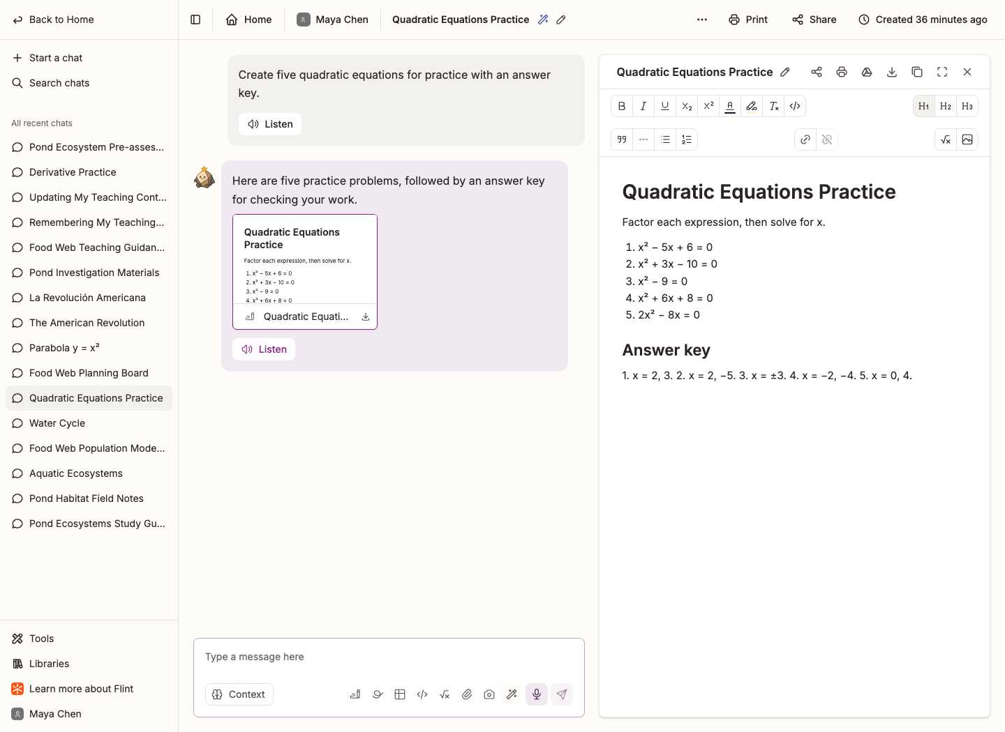 A generated Quadratic Equations Practice document with practice questions and an answer key