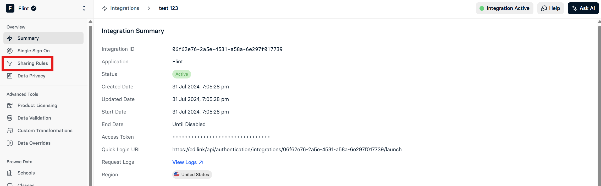 Sharing Rules highlighted in the lefthand sidebar of the EdLink integration page