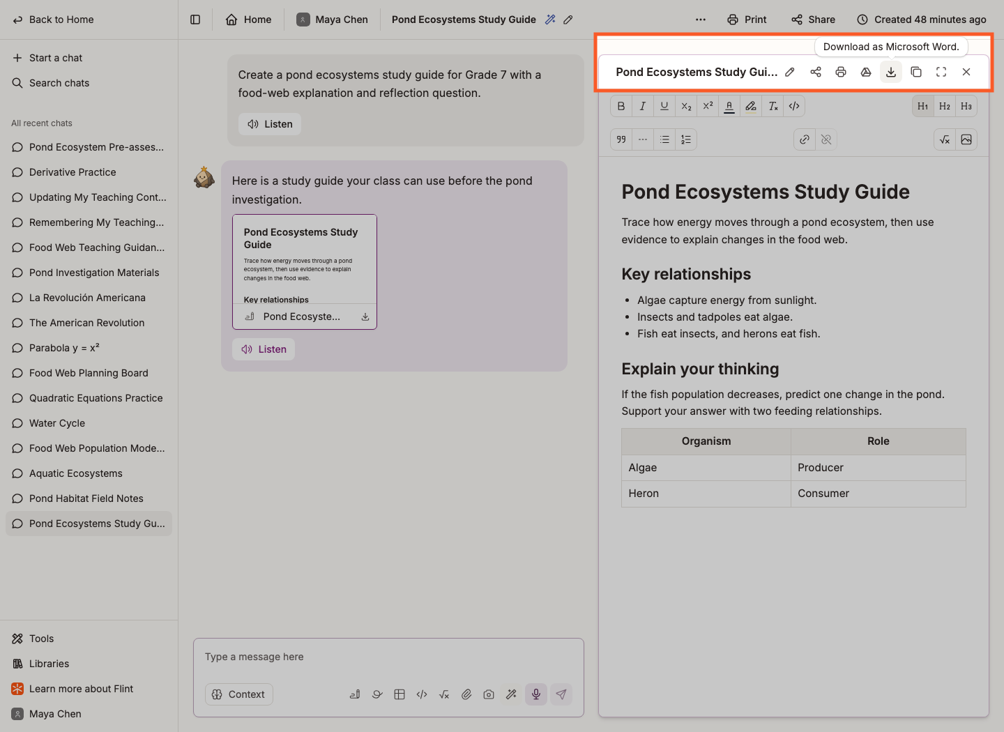 The document toolbar with export, download and copy actions