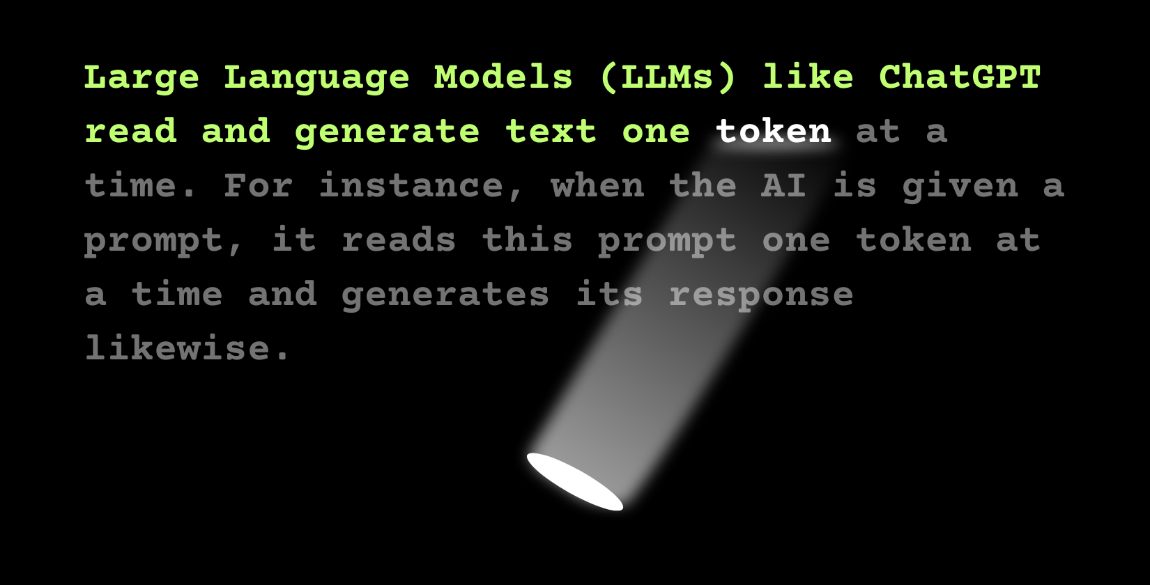 A spotlight highlighting a single token within a sentence about how LLMs read text